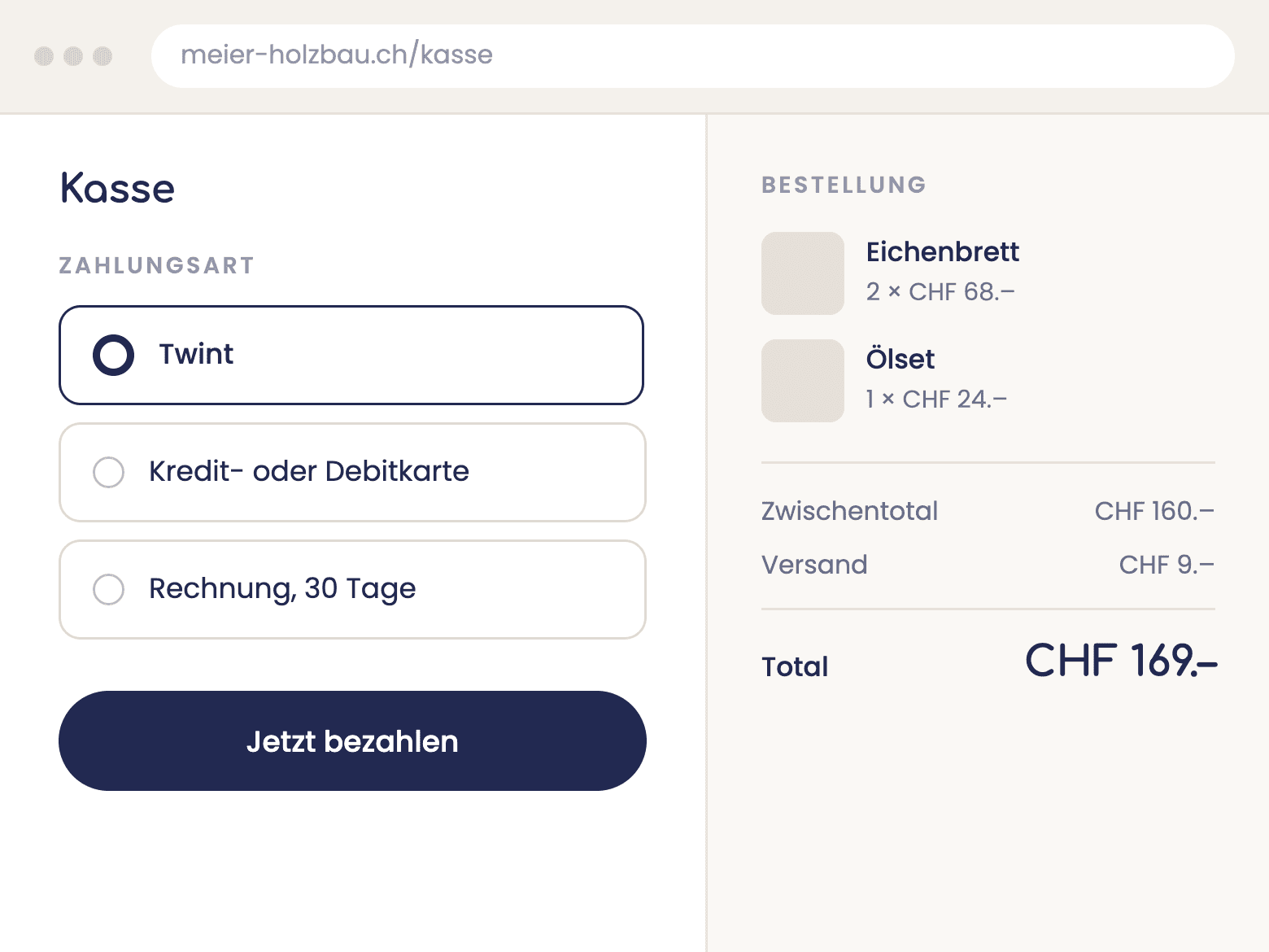 Online-Shop-Kasse mit Twint